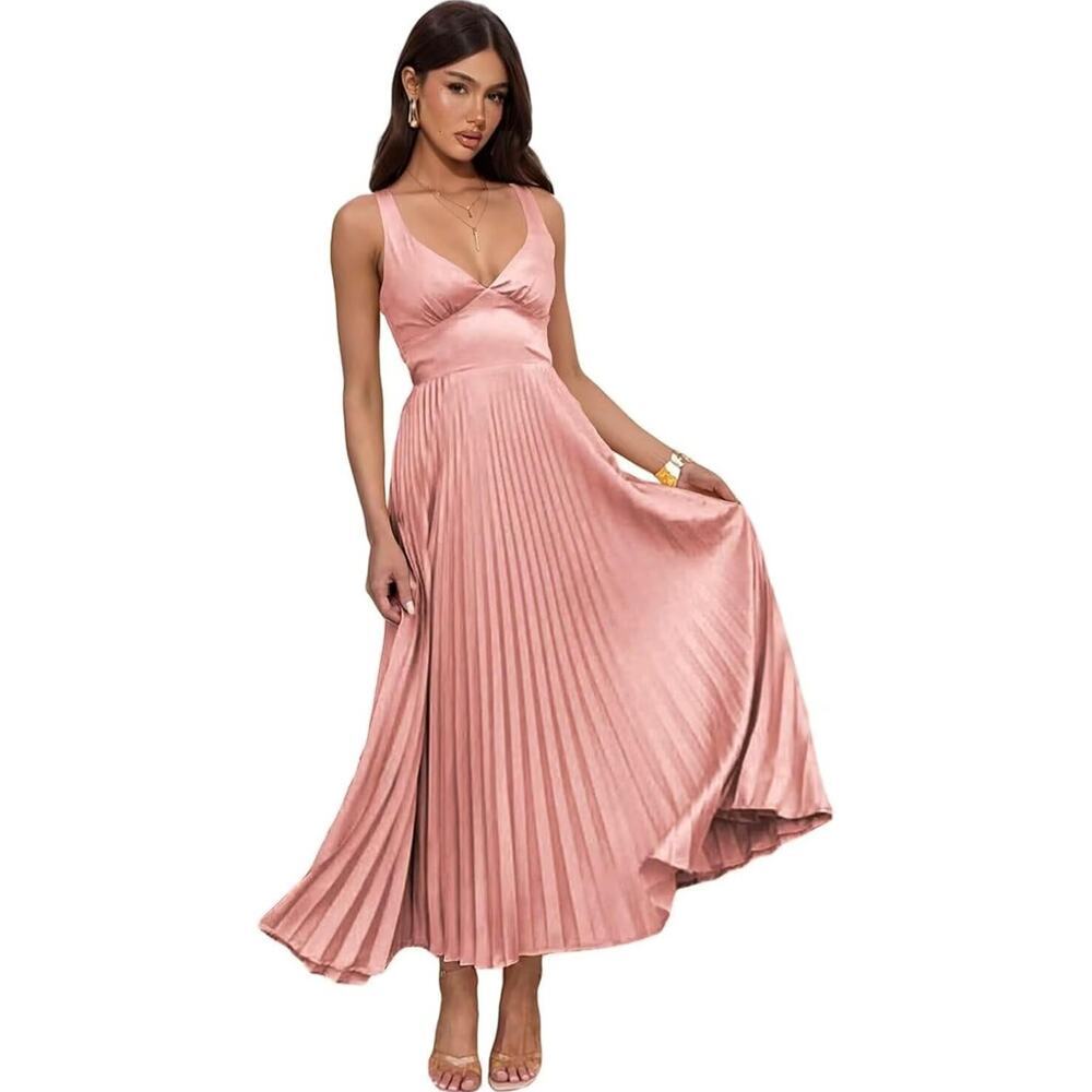 Satin Pleated Formal Bridesmaid Dress V-Neck Prom Dusty Rose Wedding Prom